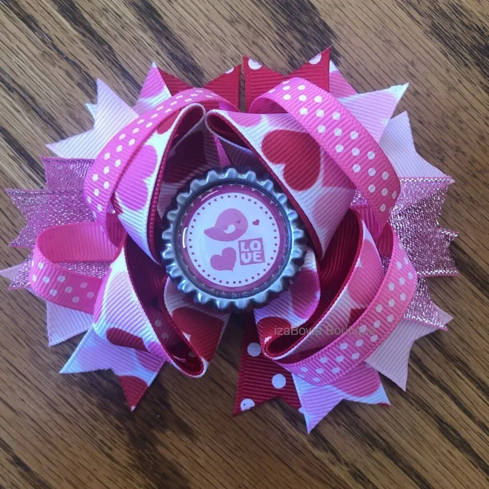 Love Birds Bottle Cap Image Deluxe Bow   5B1754  Handmade NWT Boutique
